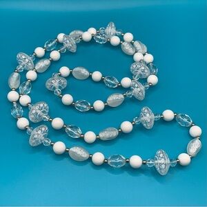 Vintage White & Clear Floral Etched Acrylic Long Necklace 34”